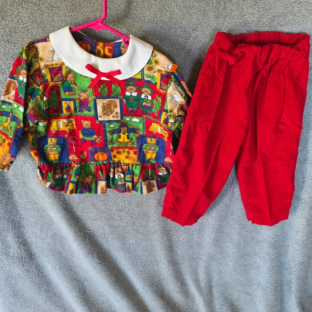 Vintage Kids Teddy Bear Novelty Print Peplum Top and Red Pants Set Multi Color